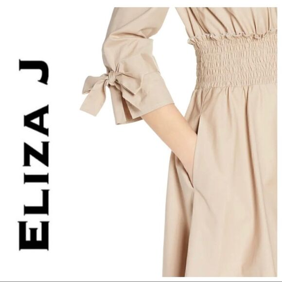 ELIZA J SMOCKED WAIST KHAKI POPLIN SHIRTDRESS - Picture 3 of 8